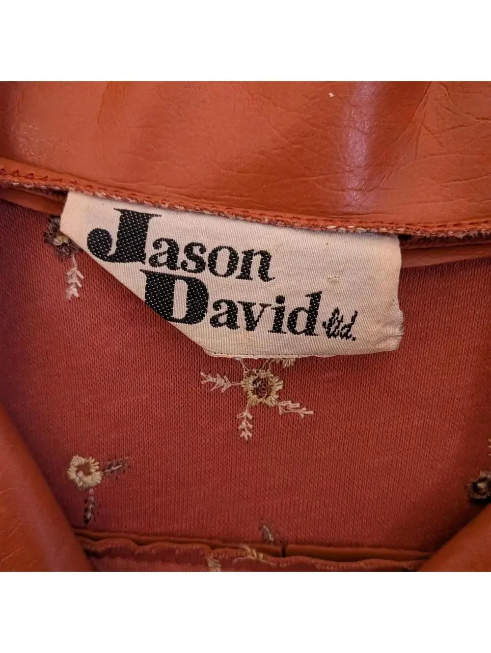 70s Jason David Terracotta Cognac Genuine Leather Embroidered Floral Belted Coat